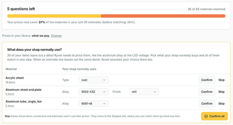 cost library matching