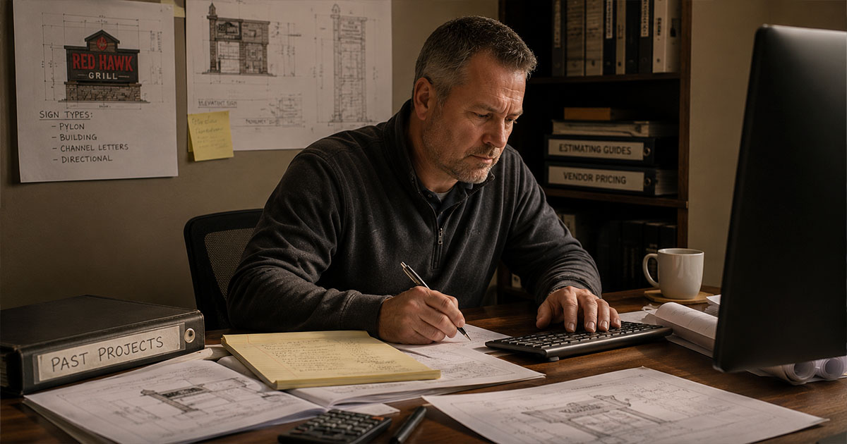 Estimator reviewing project drawings and estimate details before finalizing a commercial sign quote.