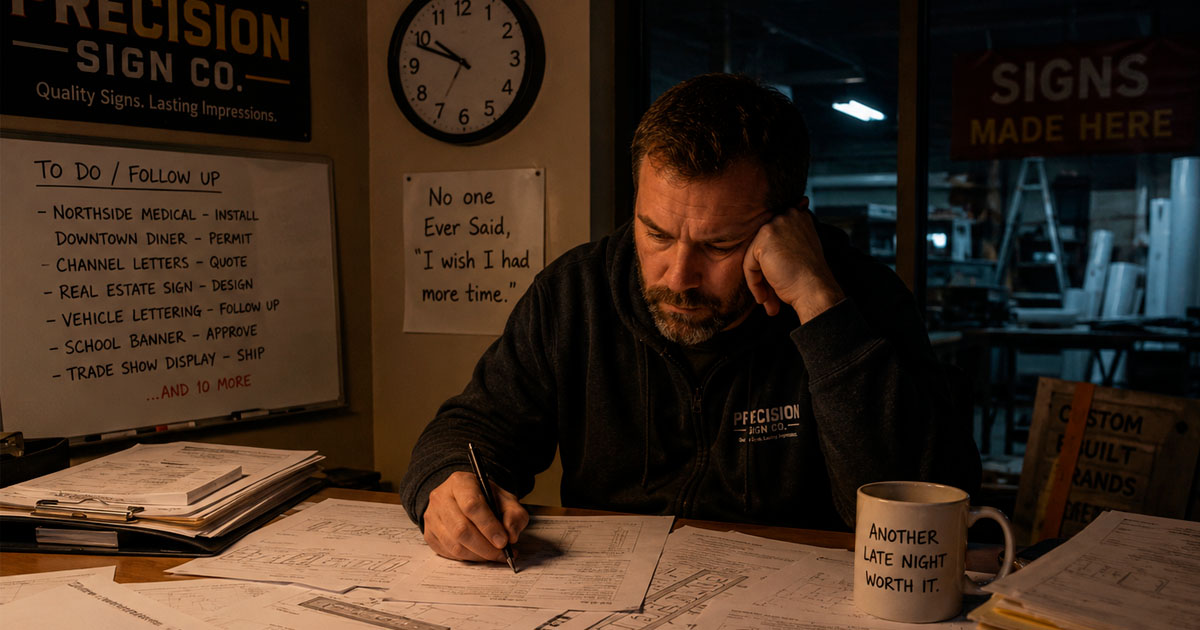 Sign company owner reviewing estimates and project documents after hours at a desk.