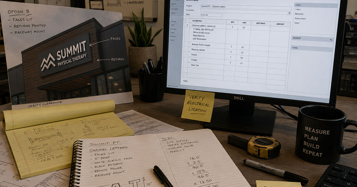 Commercial sign drawings, estimate notes, and a partially completed quote on a desk.
