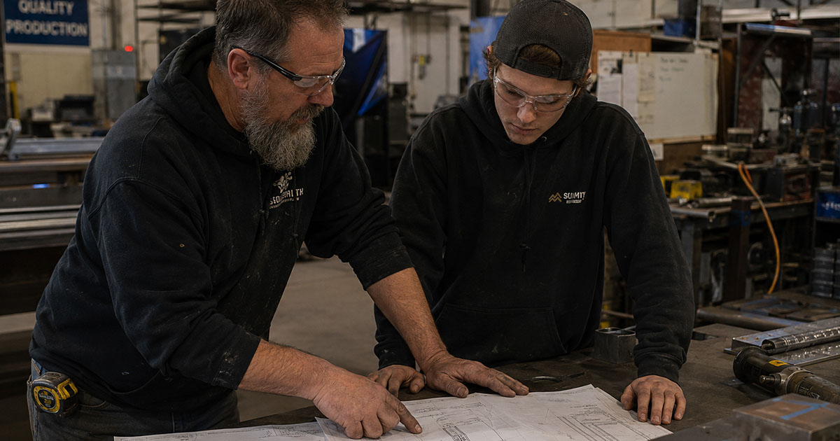 Experienced sign professional reviewing project drawings and sharing knowledge with a newer team member in a sign shop.