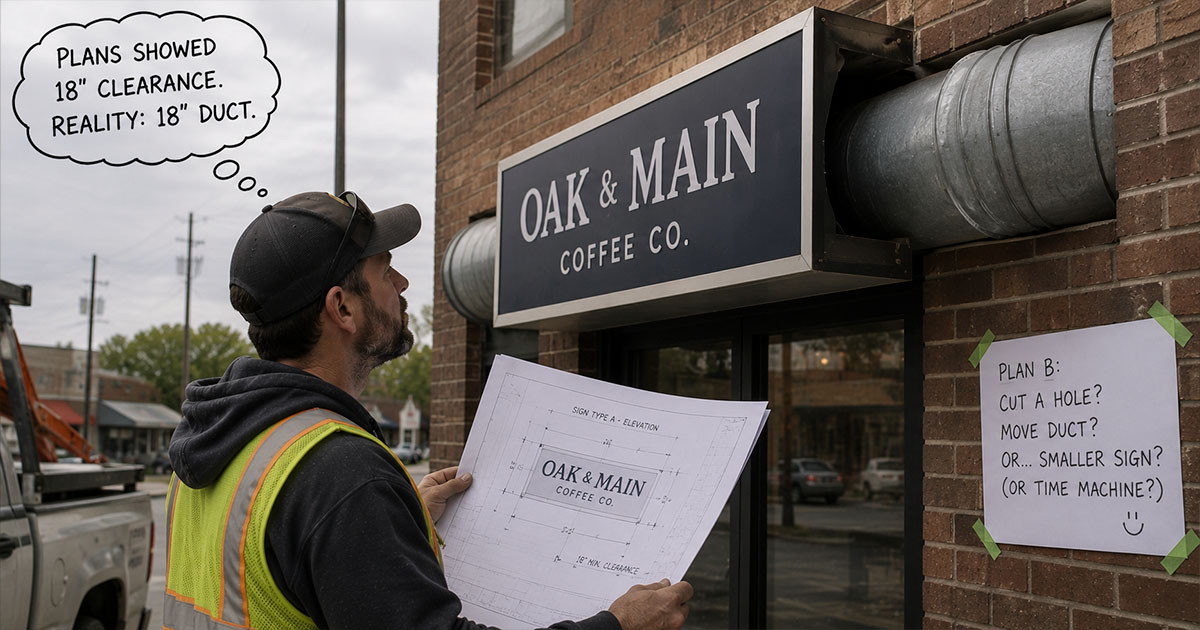 Sign installer reviewing plans while examining an HVAC duct blocking the planned sign location.