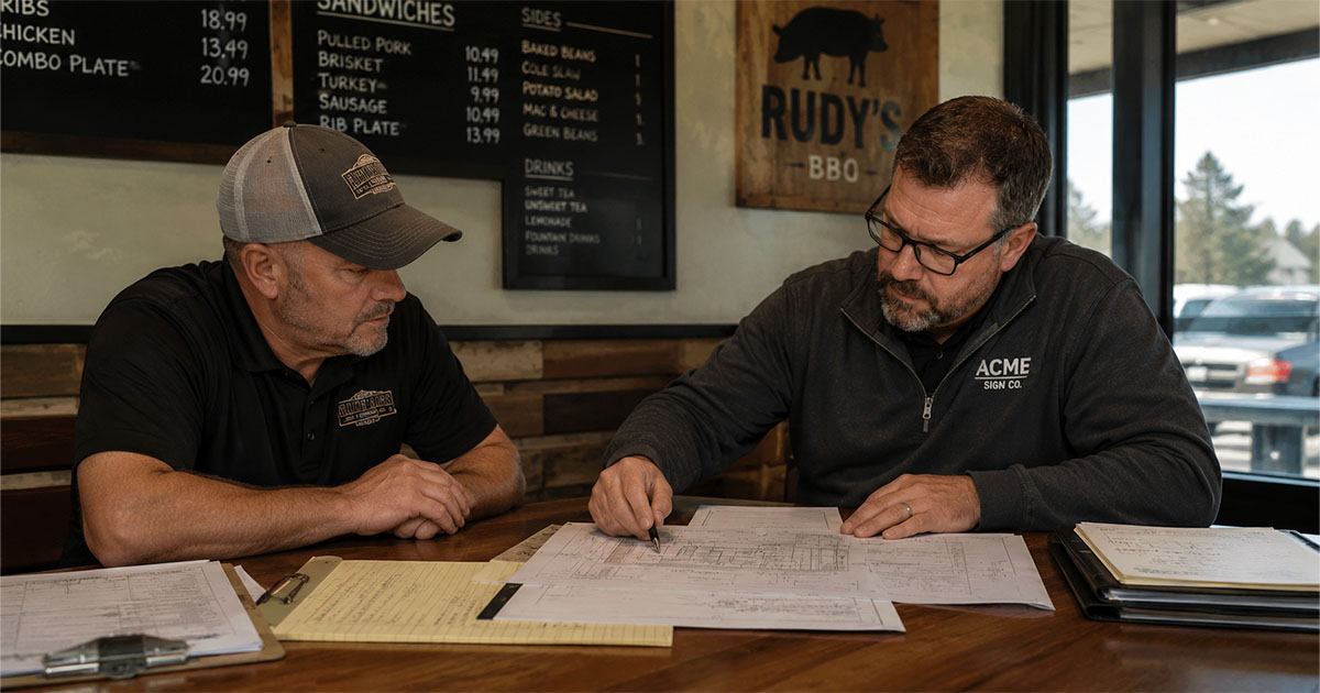 Experienced sign estimator reviewing drawings, notes, and project documents during the estimating process.