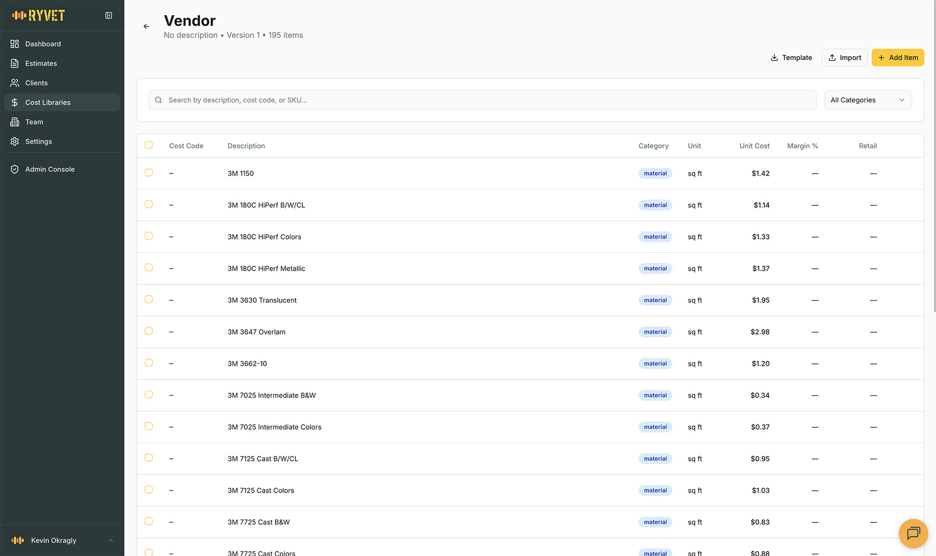Centralized cost library for sign materials, labor rates, and assemblies with verified vendor pricing
