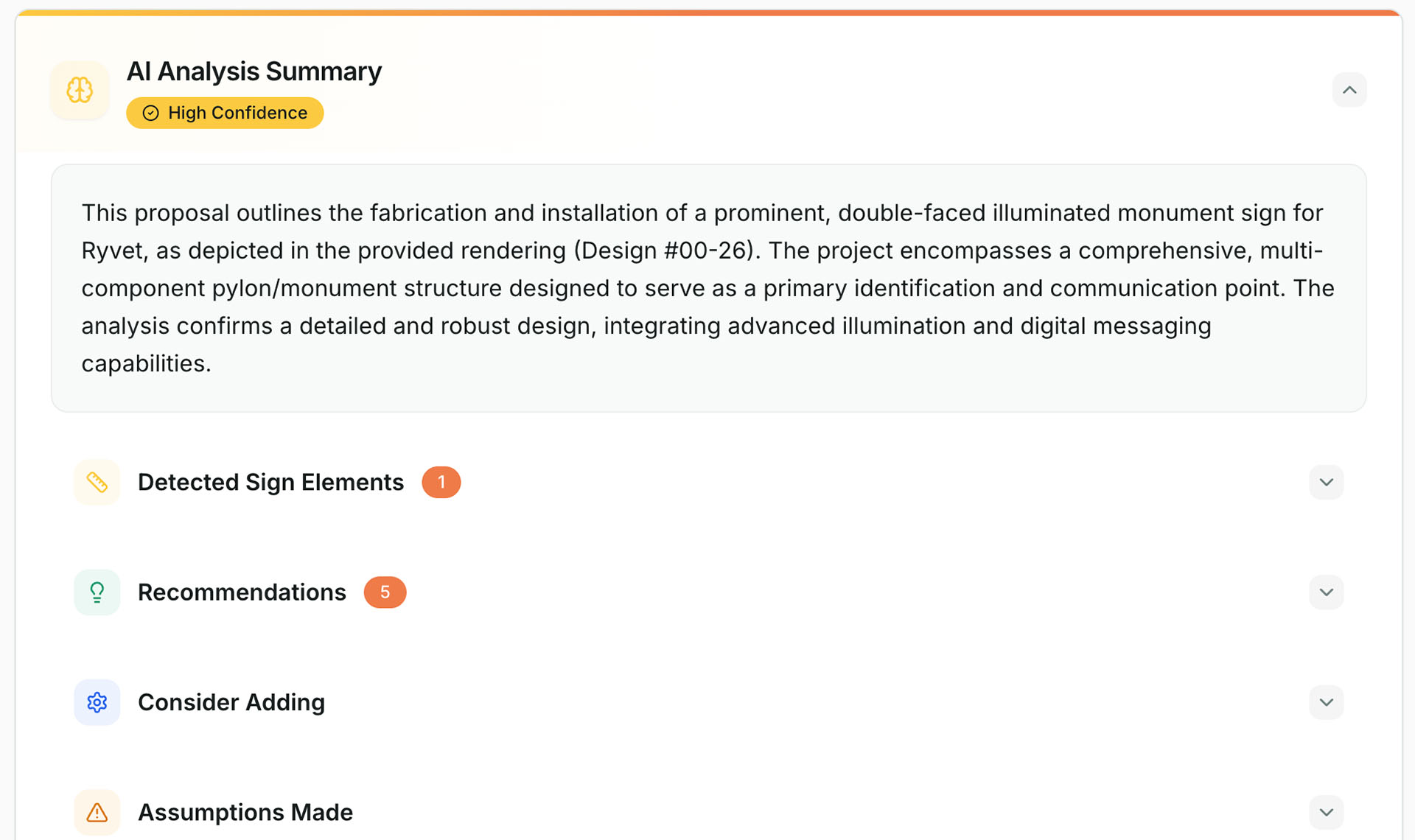 AI scope analysis identifying channel letters, monument signs, and specifications from uploaded plans