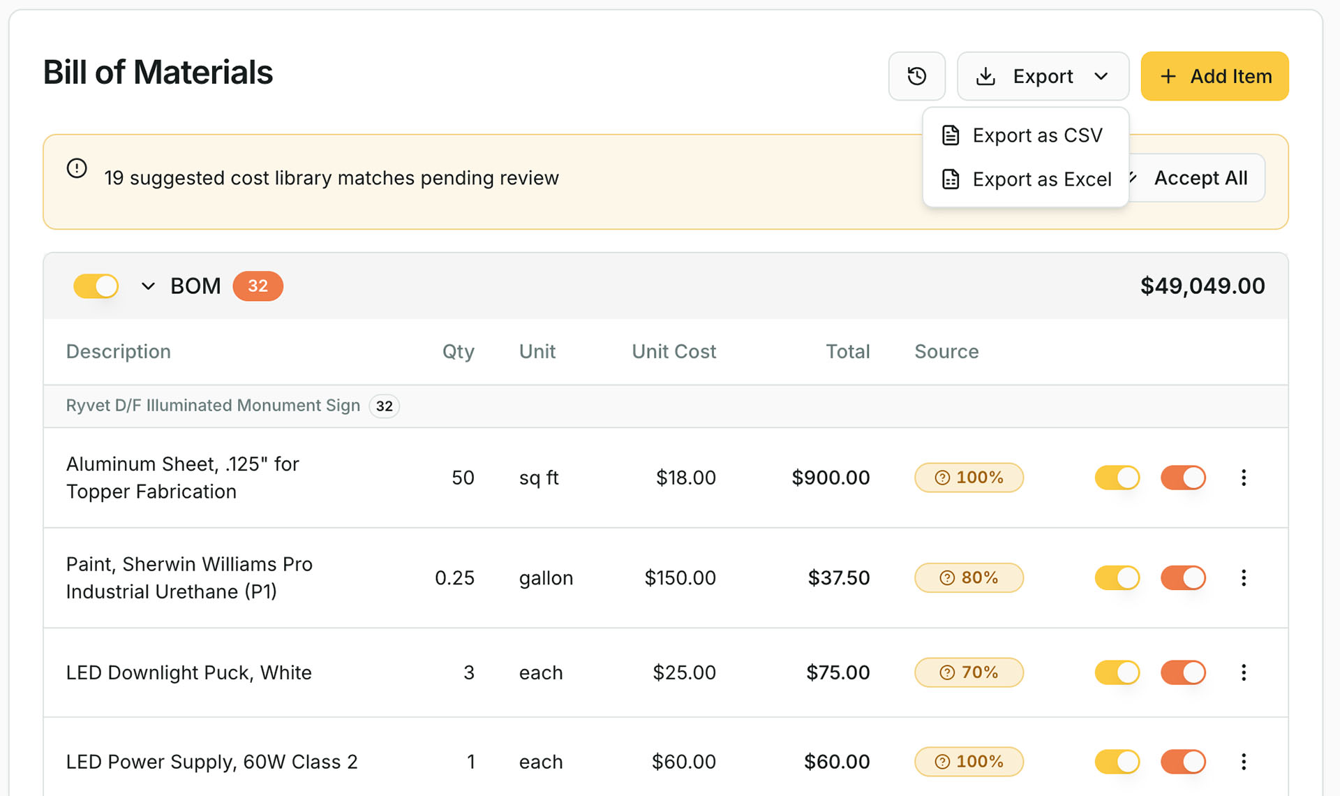 Automated bill of materials for commercial sign estimate showing materials, labor, and assembly costs