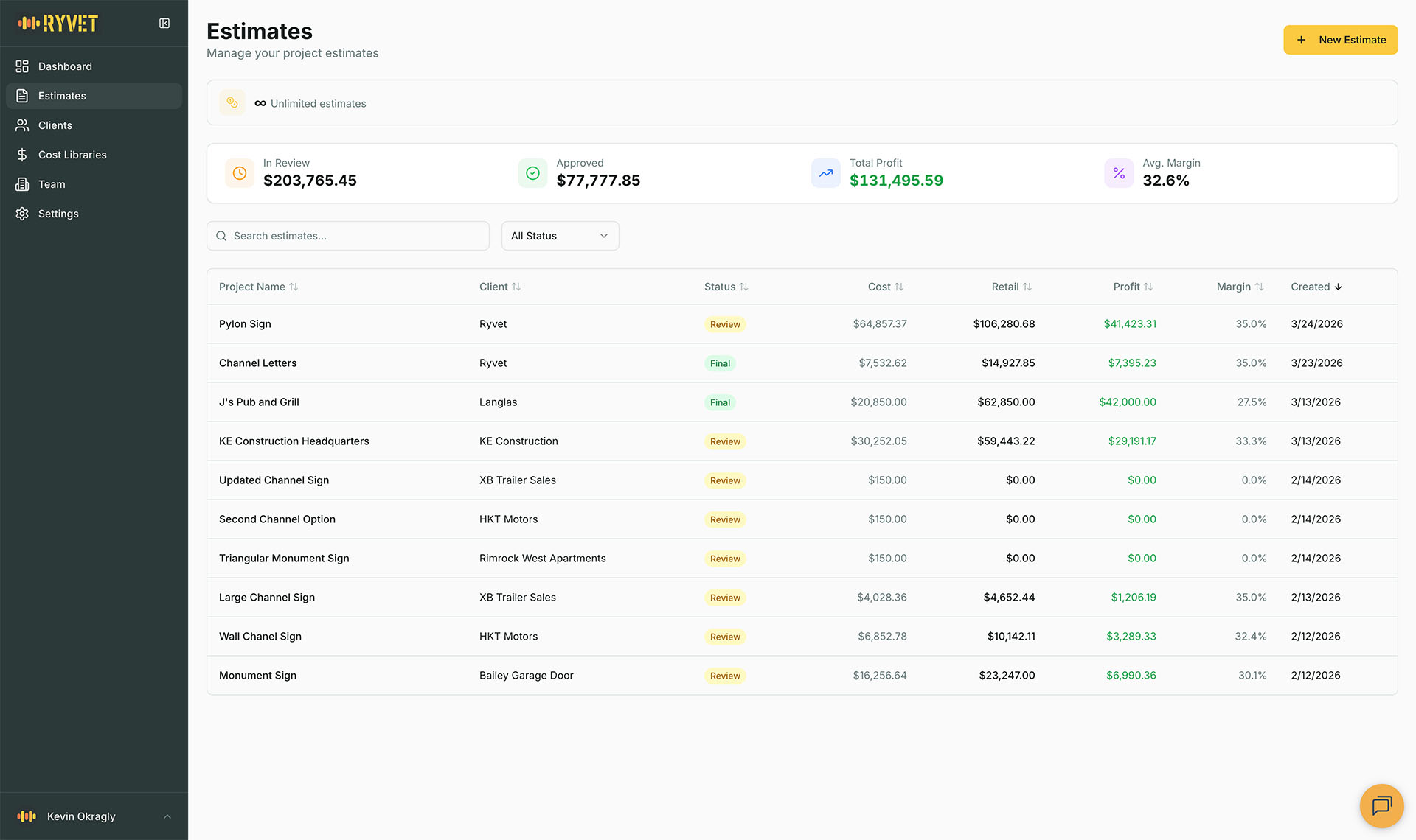 Ryvet sign estimating software dashboard showing AI-generated estimate with line items, materials, labor costs, and margin calculations