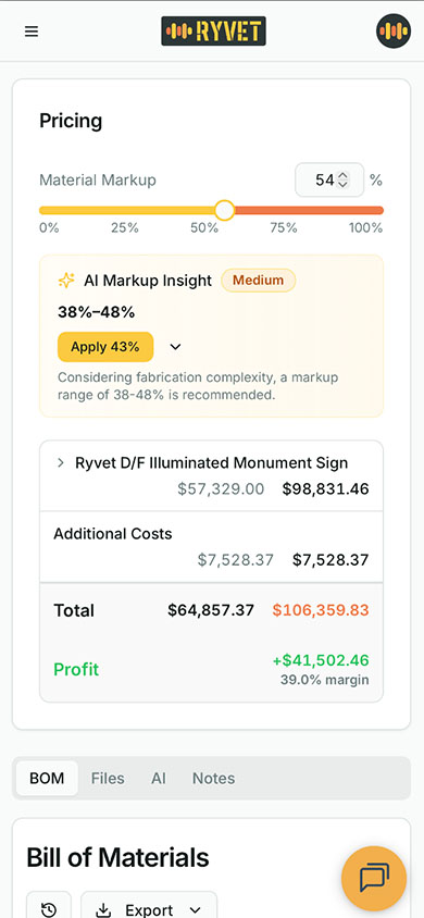 Ryvet mobile estimating interface