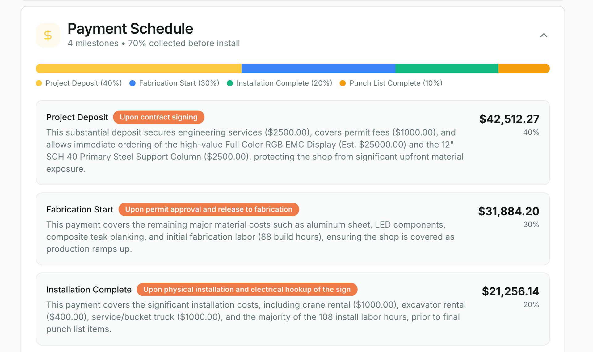 Automated payment milestone schedule tied to sign project phases for cash flow management