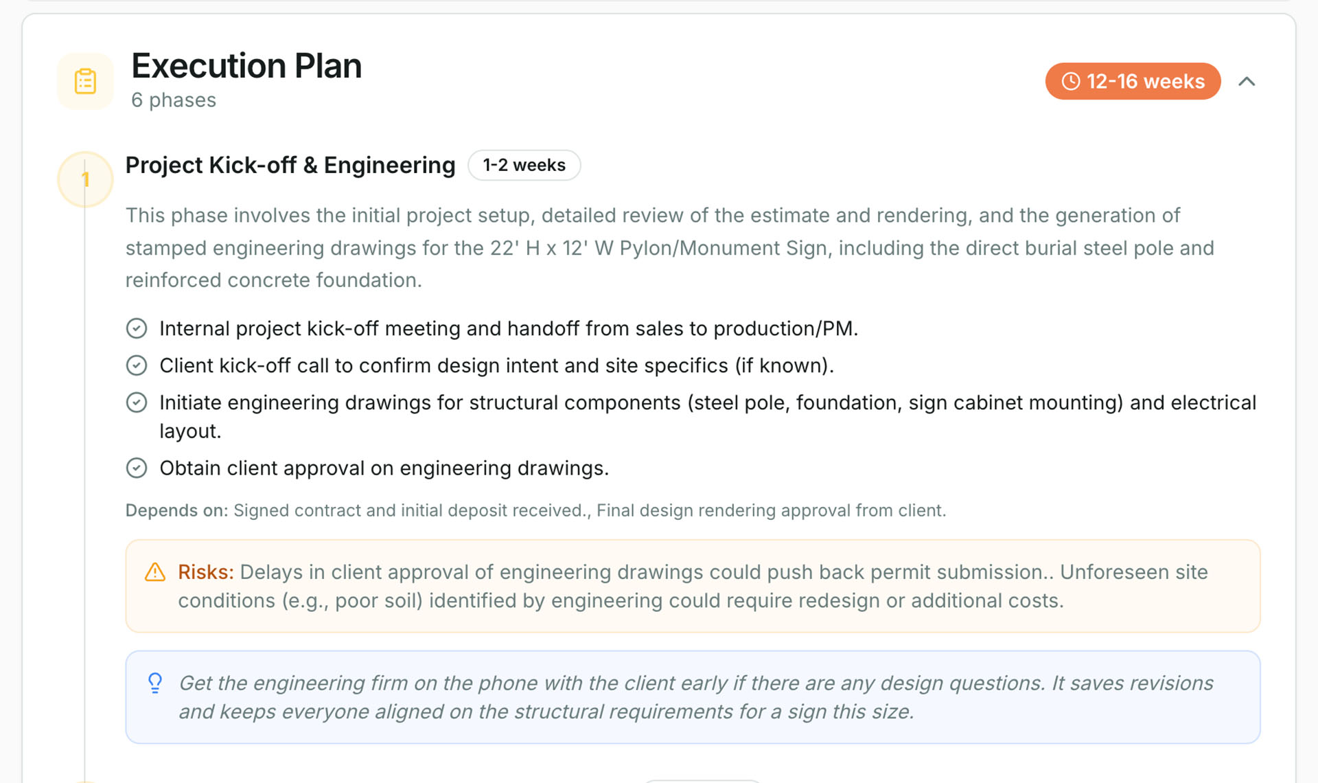 AI-generated project execution brief with installation details, permits, and material lead times