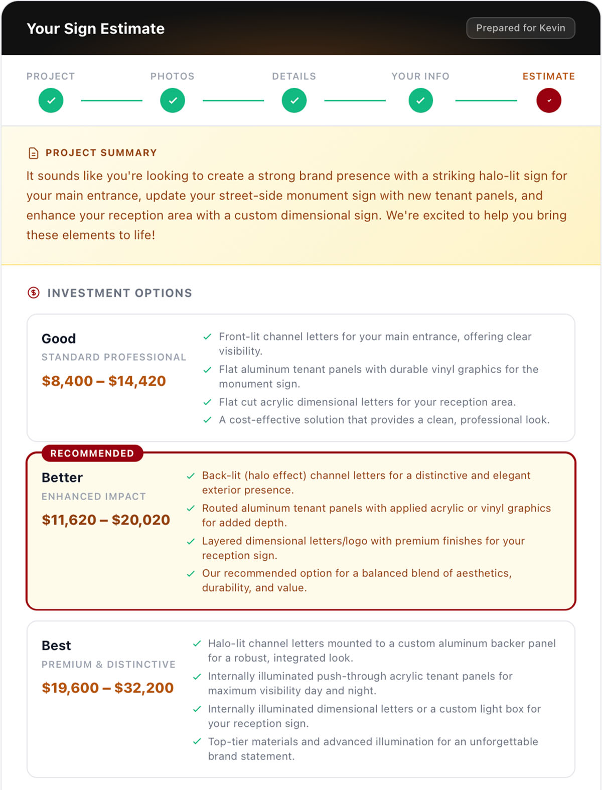 Splyce estimate result page showing the customer's tailored cost range, pricing tiers, and project timeline